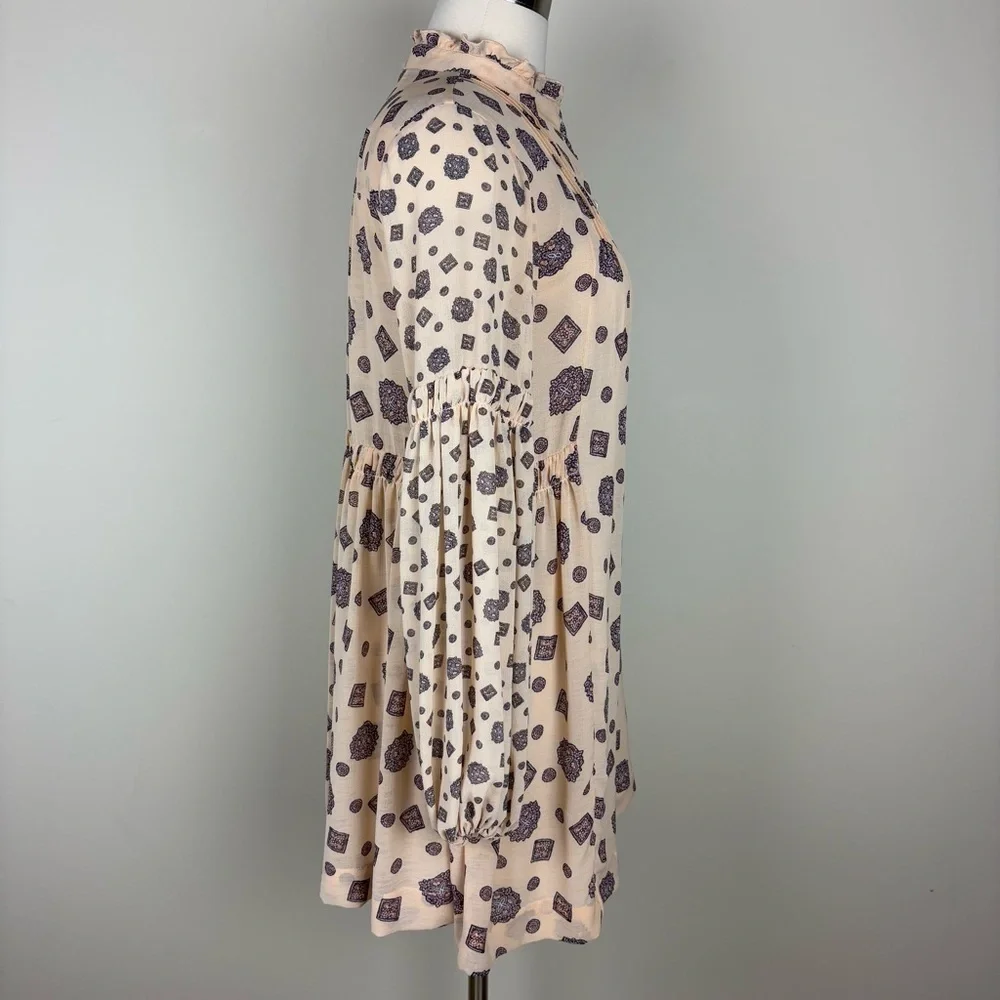 Free People Turn Turn Mini Button Front Dress Sz XS Cream Purple Print Boho Chic